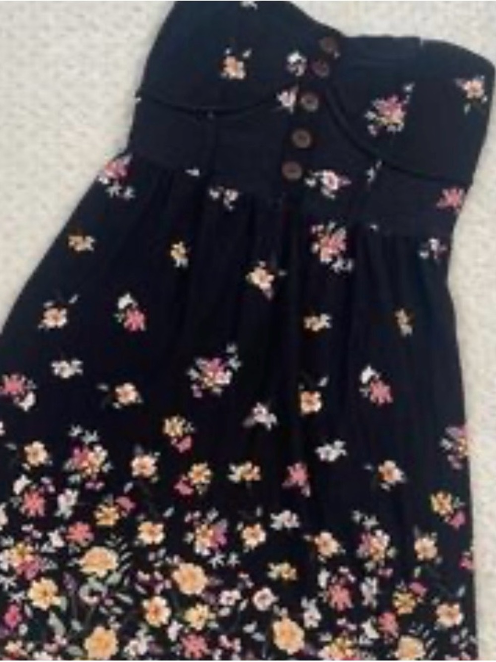 Black Floral Strapless Sundress with Button Detail